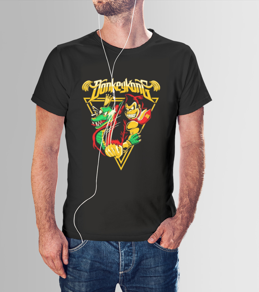 Donkey Kong Cartoon Retro Style Triangular Battle Scene T-Shirt