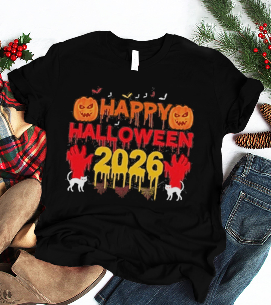 Happy Halloween 2026 Spooky Pumpkin Ghosts And Cats T-Shirt