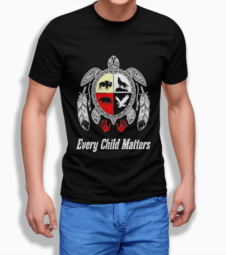 Every Child Matters Native American Turtle Medicine Wheel Feathers And Red Handprints T-Shirt