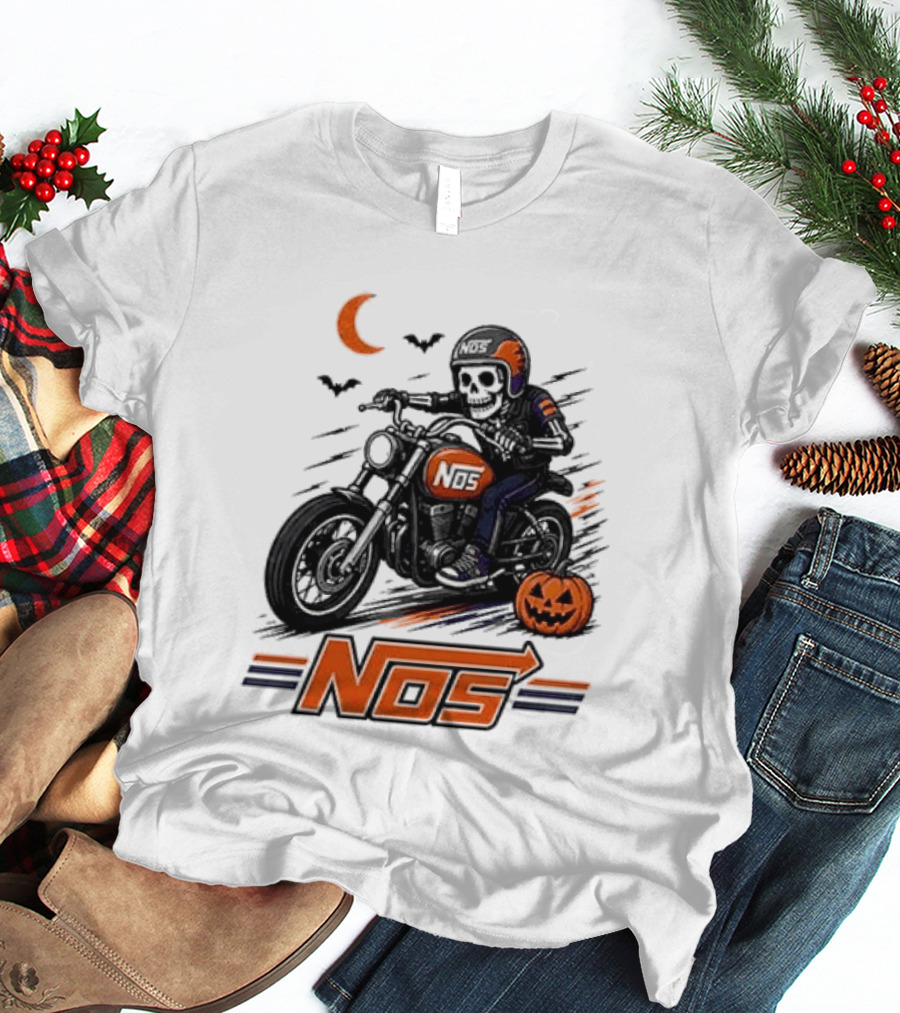 NOS Skeleton Biker Halloween Pumpkin Moon Bats T-Shirt