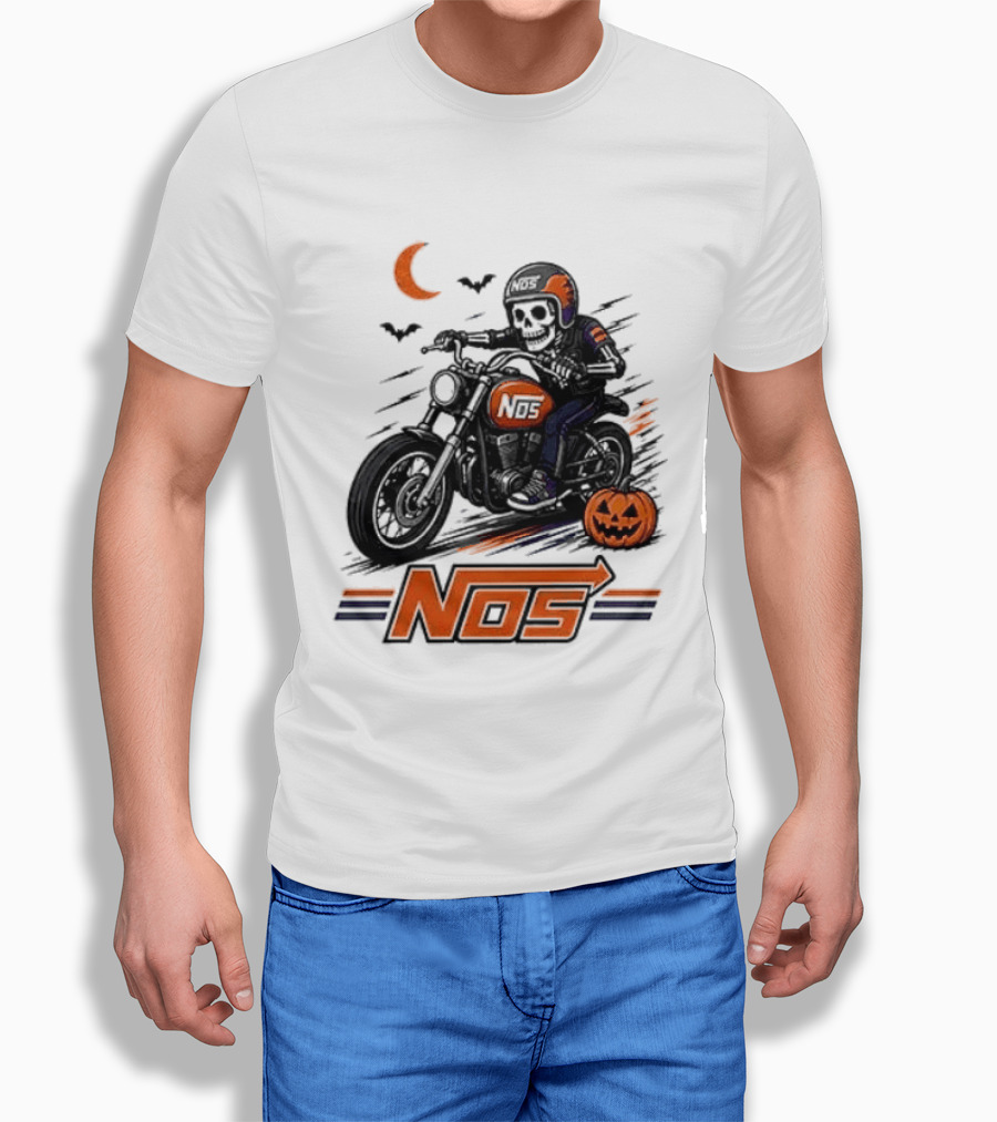 NOS Skeleton Biker Halloween Pumpkin Moon Bats T-Shirt