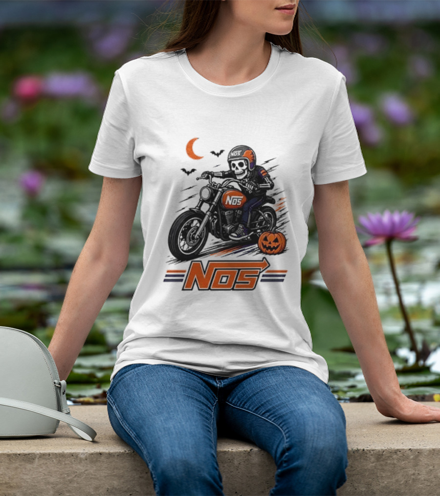 NOS Skeleton Biker Halloween Pumpkin Moon Bats T-Shirt
