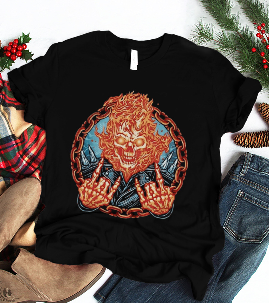 Ghost Rider Flaming Skull Heavy Metal Fiery Chain Rock And Roll T-Shirt