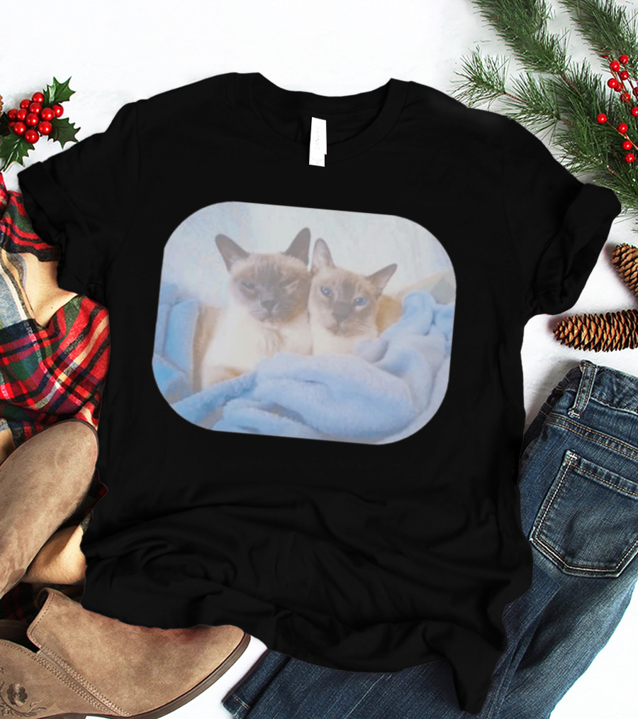 Siamese Cats Snuggling In Blue Blanket T-Shirt