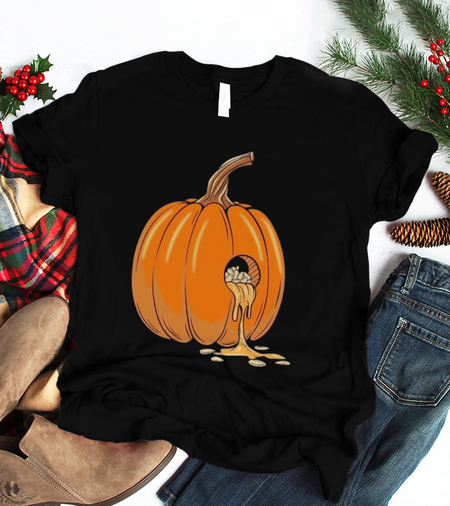 Gourdy Hole Halloween Pumpkin With Seeds Streaming Out T-Shirt