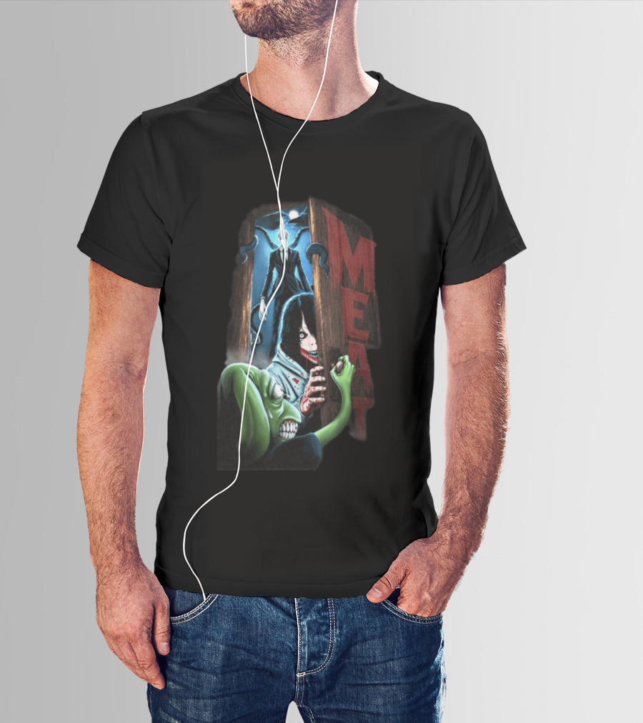 Meatcanyon Store Knock Knock Creepy Distressed Characters Horror Scene T-Shirt