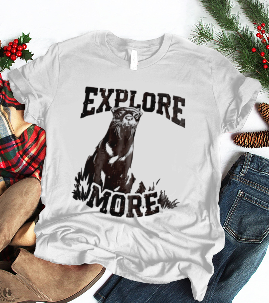 Explore More River Otter Tall Grass Distressed Woodcut Black White T-Shirt