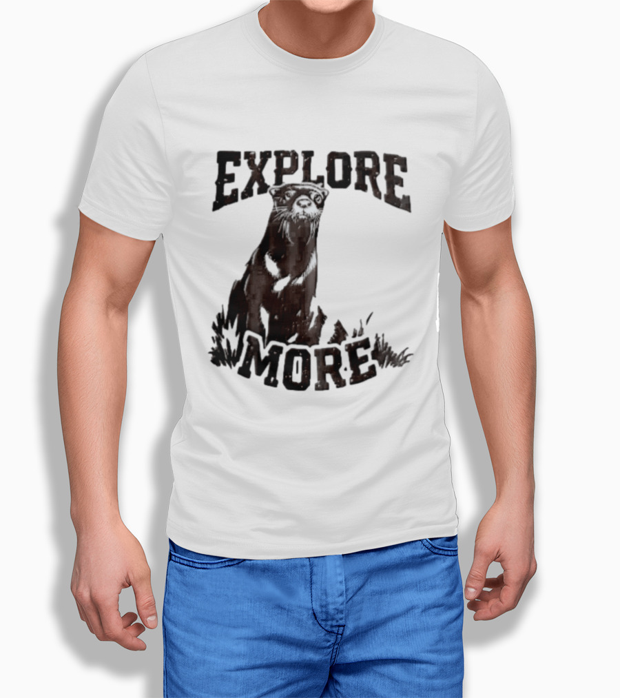 Explore More River Otter Tall Grass Distressed Woodcut Black White T-Shirt