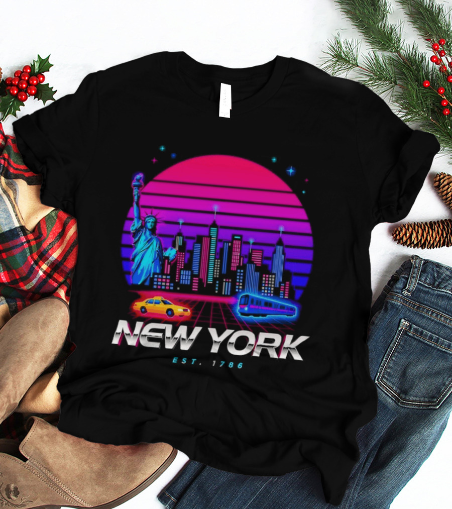 New York Est 1786 Cityscape Synthwave Statue Of Liberty Neon Skyline Retro Car T-Shirt