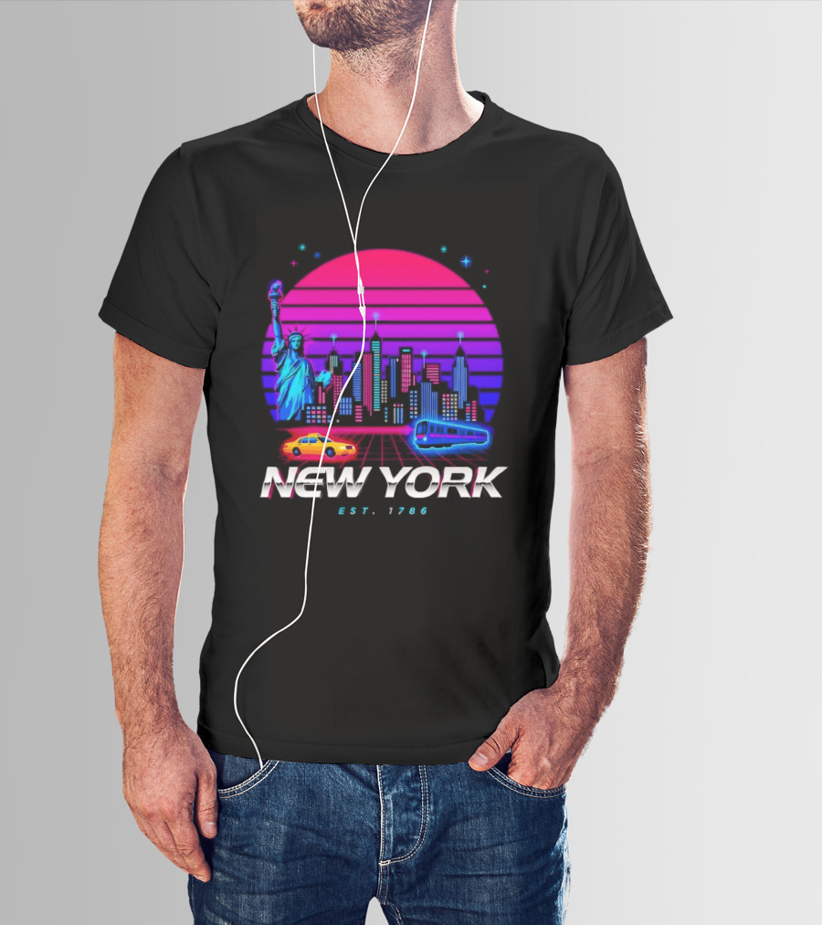 New York Est 1786 Cityscape Synthwave Statue Of Liberty Neon Skyline Retro Car T-Shirt