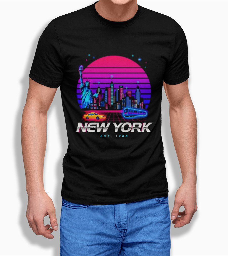 New York Est 1786 Cityscape Synthwave Statue Of Liberty Neon Skyline Retro Car T-Shirt