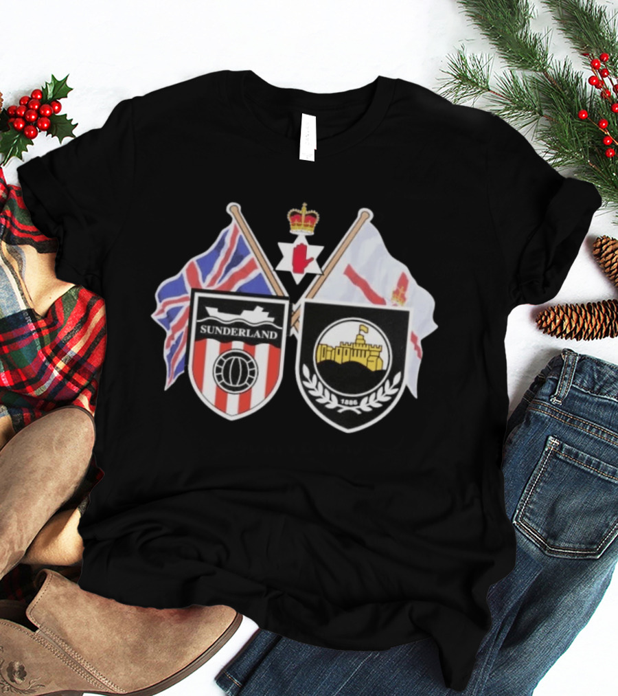 Sunderland And Linfield FC Crests Union Jack Northern Ireland Flags T-Shirt