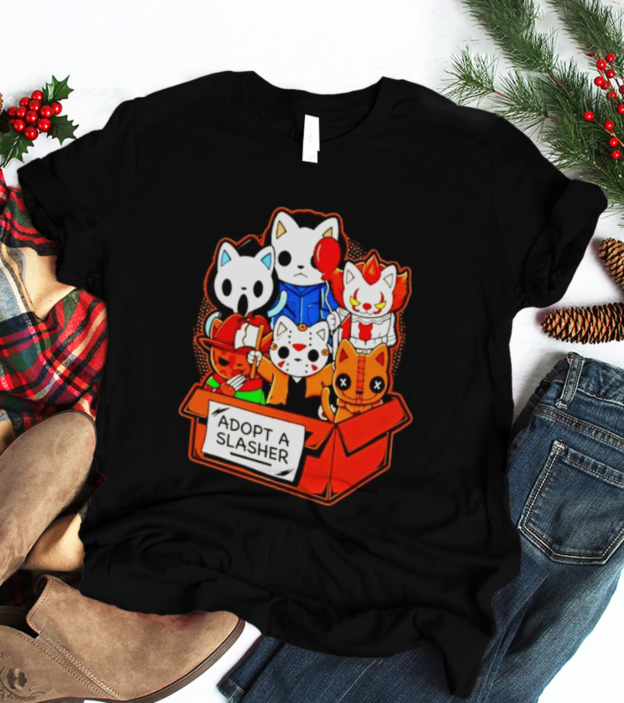 Adopt A Slasher Horror Movie Cat Characters Box Featuring Iconic Halloween Villains T-Shirt
