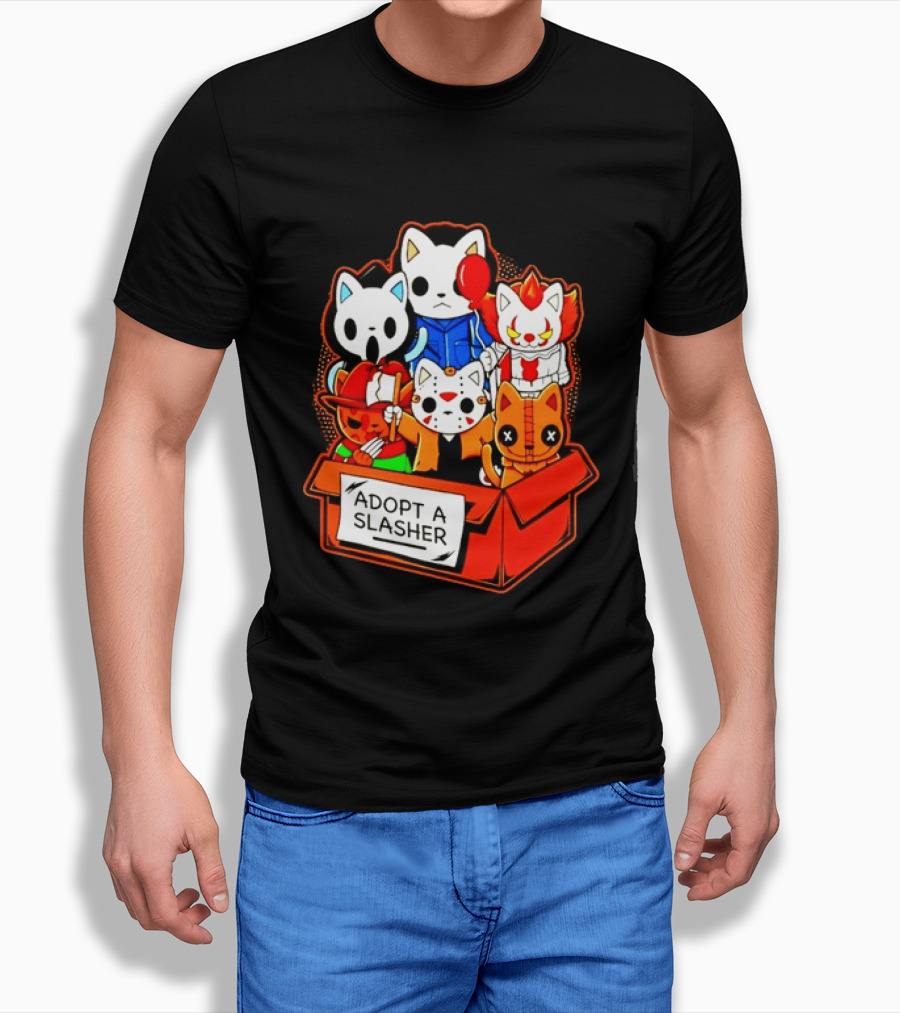 Adopt A Slasher Horror Movie Cat Characters Box Featuring Iconic Halloween Villains T-Shirt