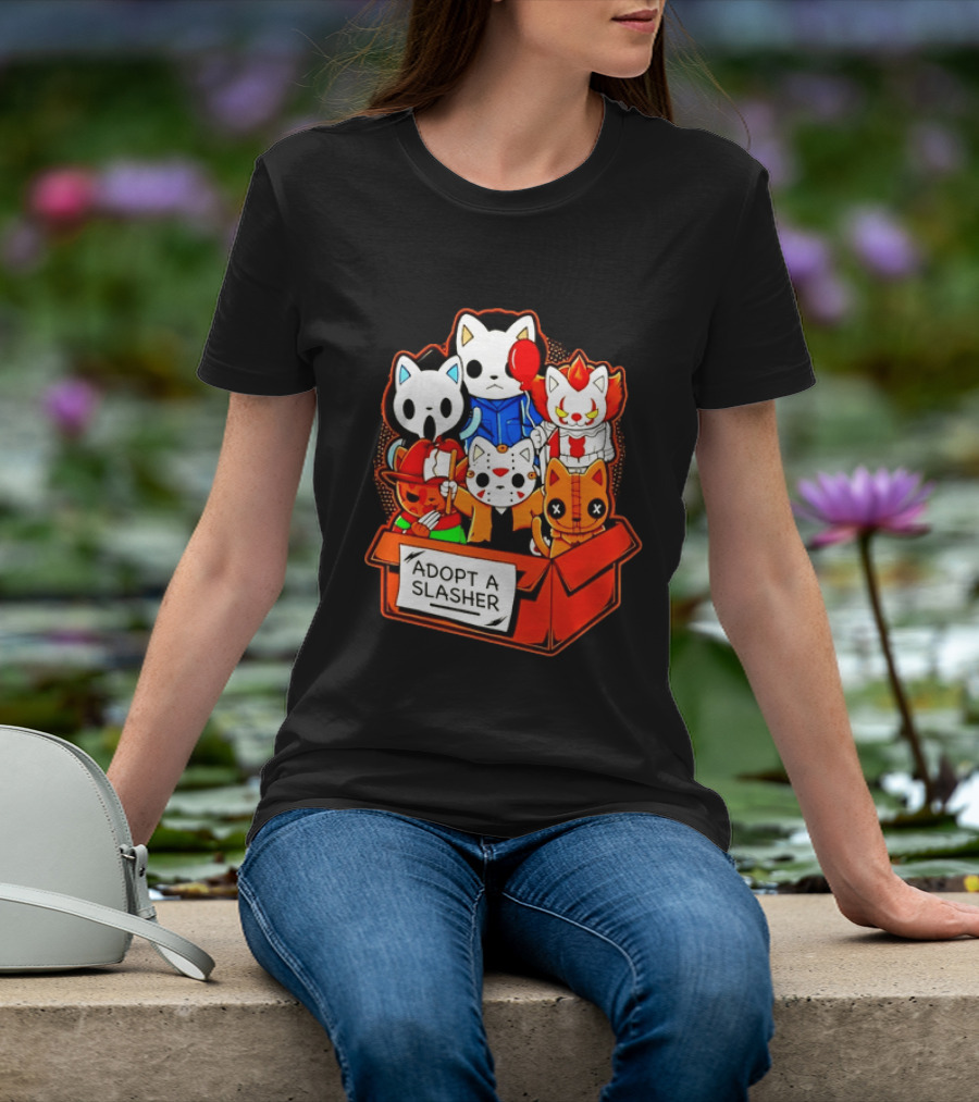 Adopt A Slasher Horror Movie Cat Characters Box Featuring Iconic Halloween Villains T-Shirt