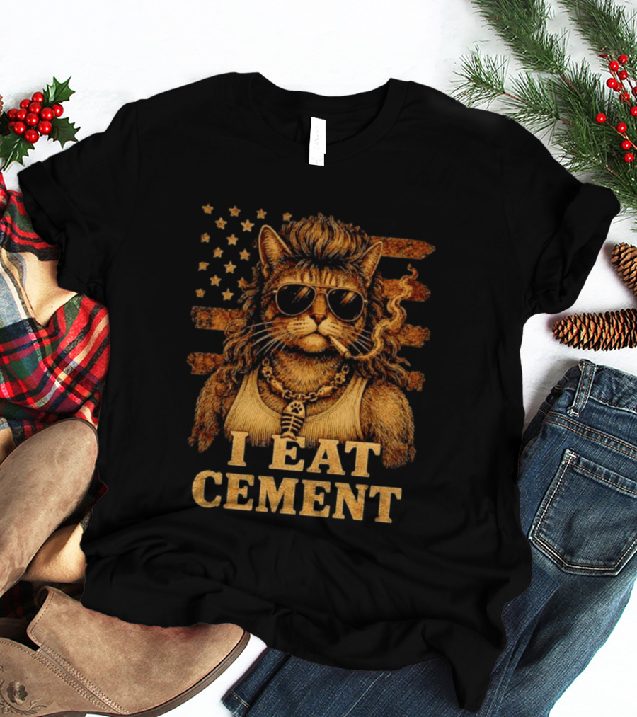 I Eat Cement Mullet Cat With Sunglasses And American Flag T-Shirt