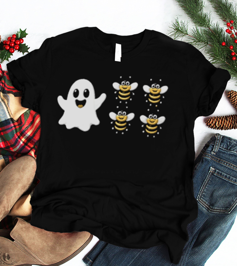 Cartoon White Ghost And Waving Four Bumblebees Cute T-Shirt