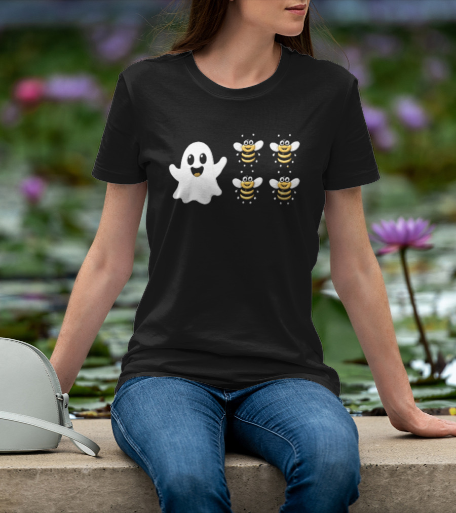 Cartoon White Ghost And Waving Four Bumblebees Cute T-Shirt