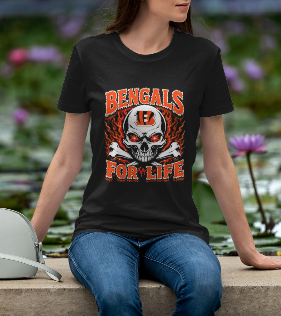 Bengals For Life Skull And Crossbones Fiery T-Shirt