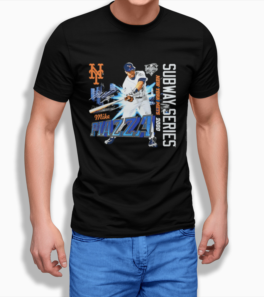 New York Mets Mike Piazza 2000 Subway Series Urban Baseball Action T-Shirt