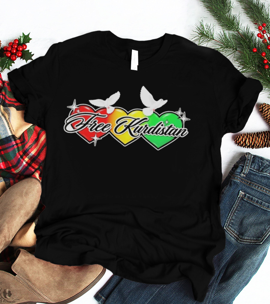 Free Kurdistan Red Yellow Green Hearts Doves T-Shirt