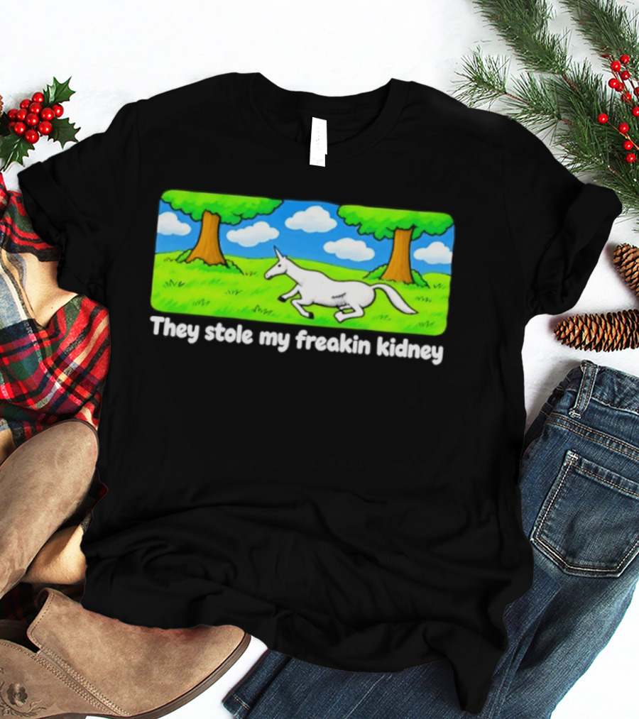 They Stole My Freakin Kidney Unicorn Cartoon Scene T-Shirt
