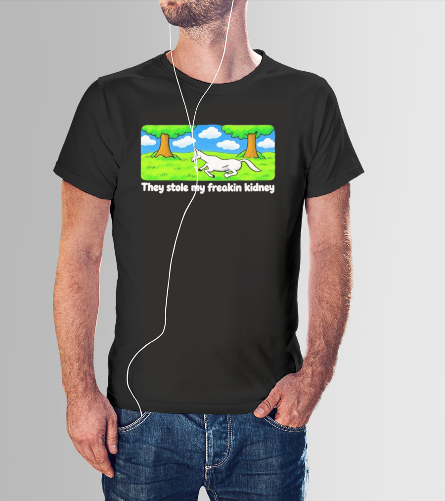 They Stole My Freakin Kidney Unicorn Cartoon Scene T-Shirt