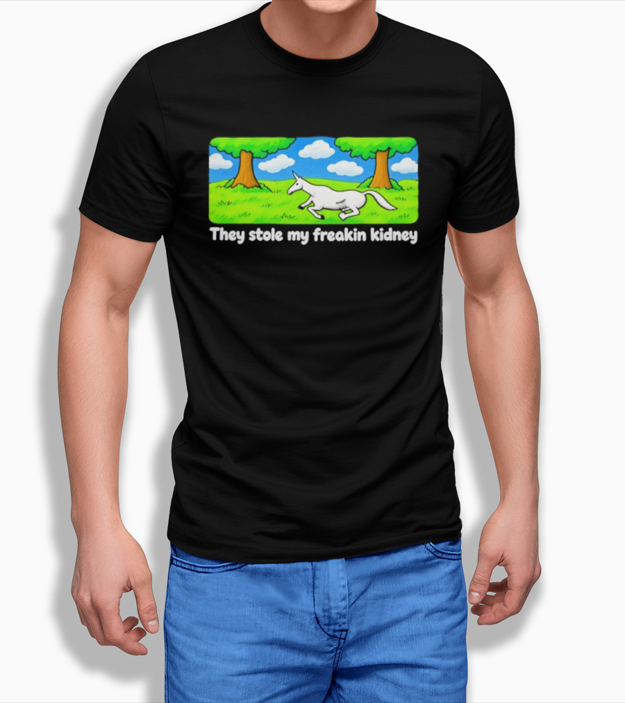 They Stole My Freakin Kidney Unicorn Cartoon Scene T-Shirt