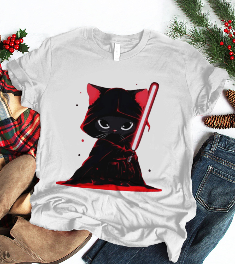 Black Cat Sith With Red Lightsaber Cloaked In Darkness T-Shirt