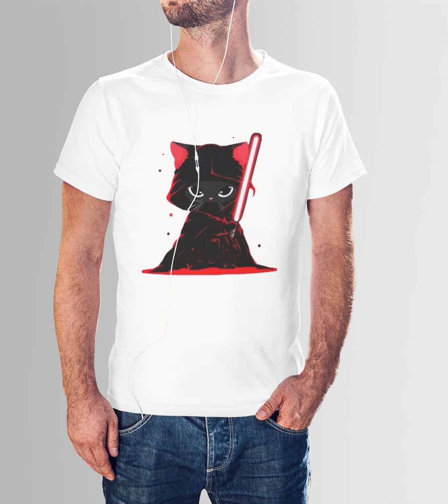 Black Cat Sith With Red Lightsaber Cloaked In Darkness T-Shirt