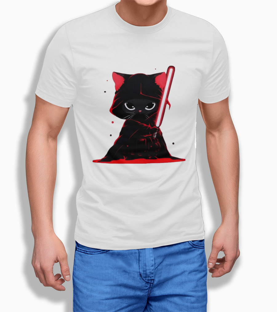 Black Cat Sith With Red Lightsaber Cloaked In Darkness T-Shirt