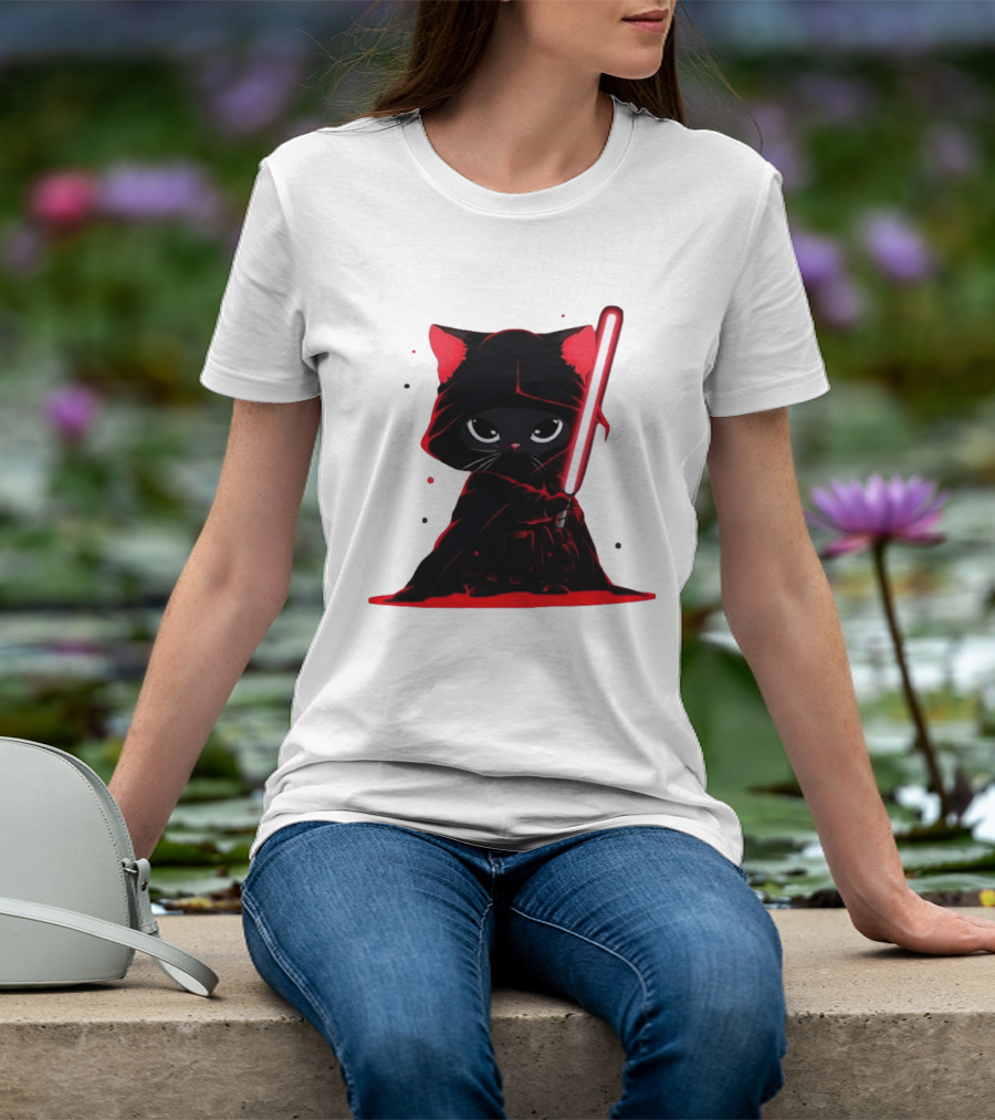 Black Cat Sith With Red Lightsaber Cloaked In Darkness T-Shirt