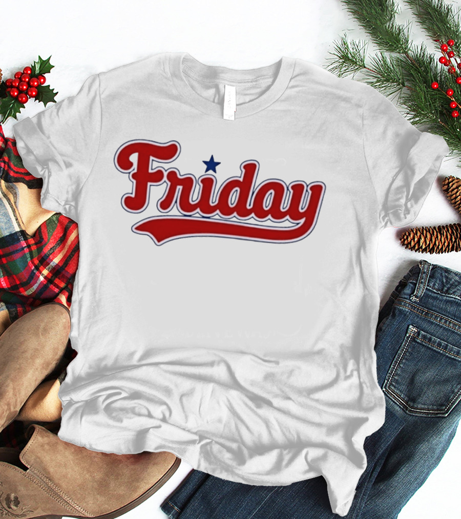 Friday Weekend Casual Baseball Style Script Red Text With Star T-Shirt