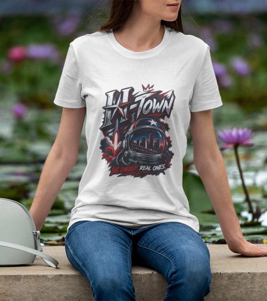 H Town Big Energy Real Ones Houston Astronaut Skyline T-Shirt