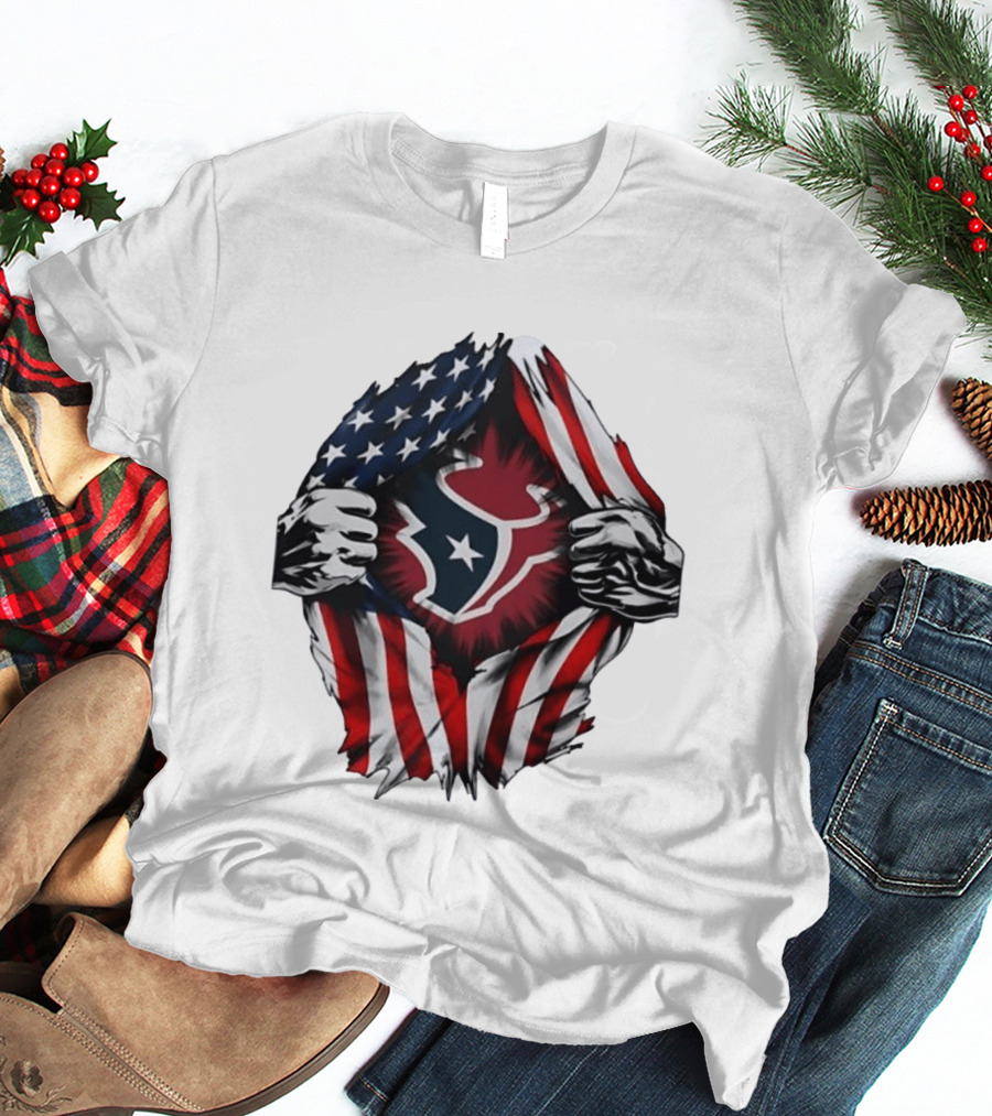 Houston Texans American Flag Ripped Chest NFL Fan T-Shirt