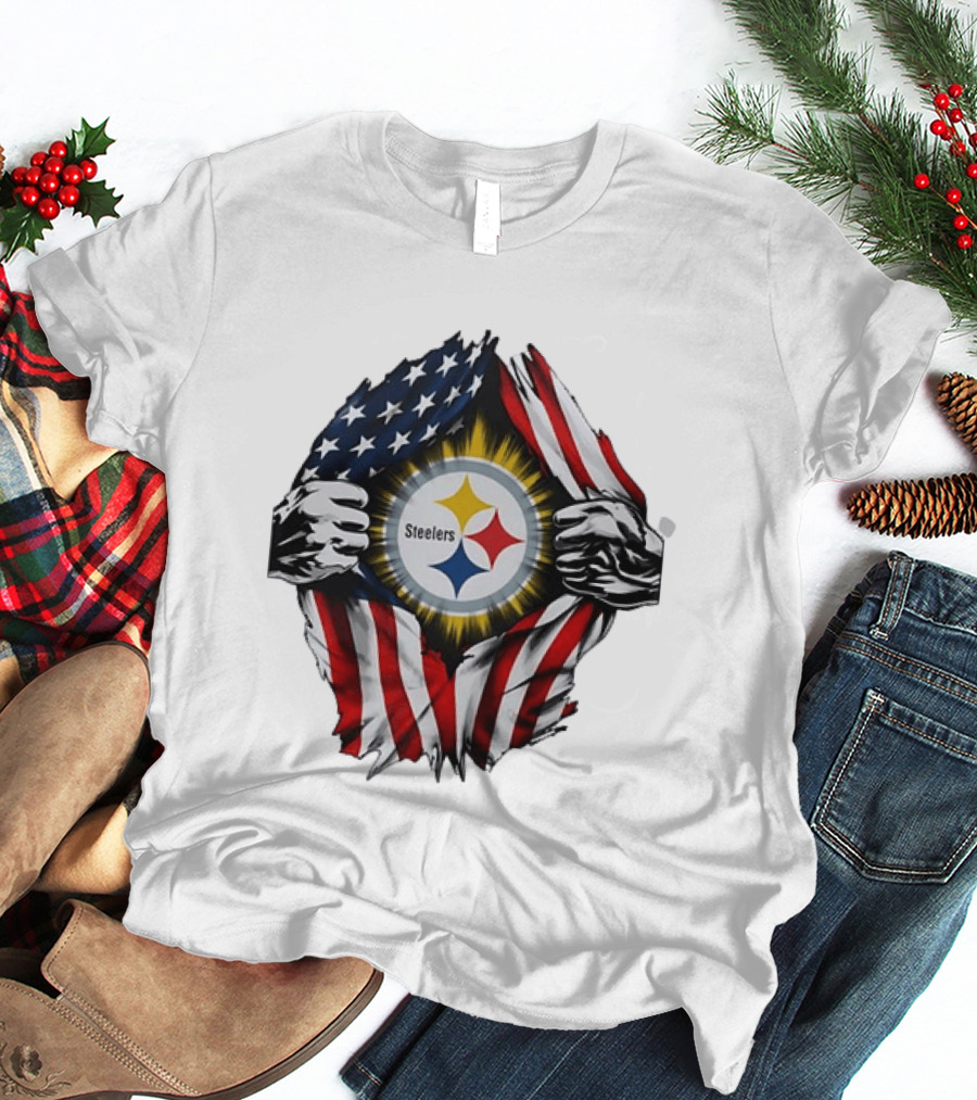 Pittsburgh Steelers American Flag Ripped Chest T-Shirt