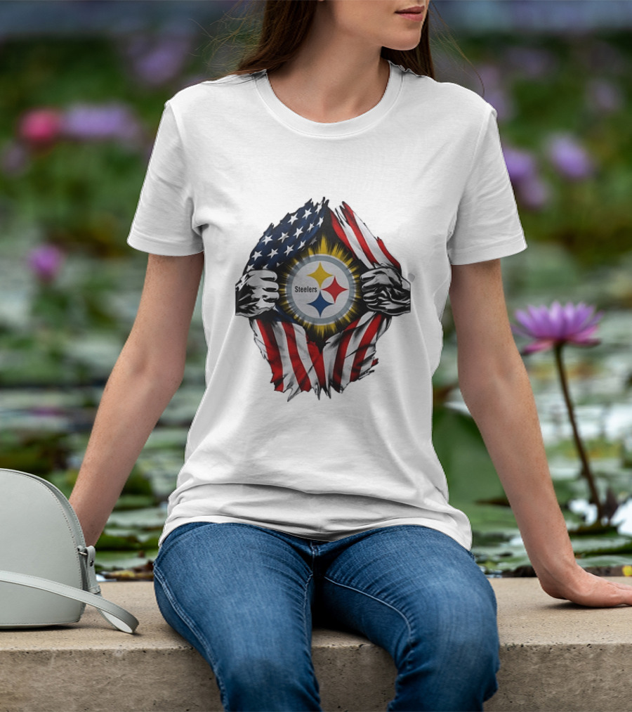 Pittsburgh Steelers American Flag Ripped Chest T-Shirt