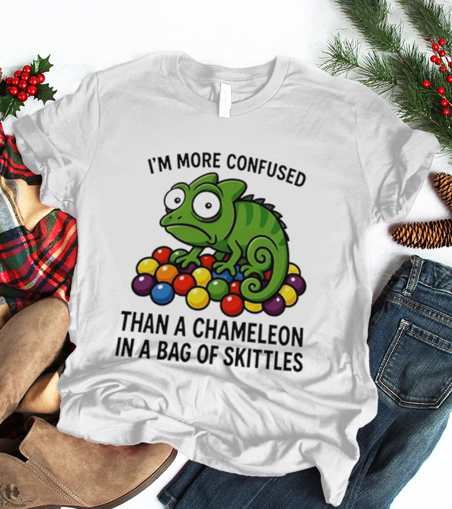 I'm More Confused Than A Chameleon In A Bag Of Skittles Colorful Chameleon And Candy Humor T-Shirt