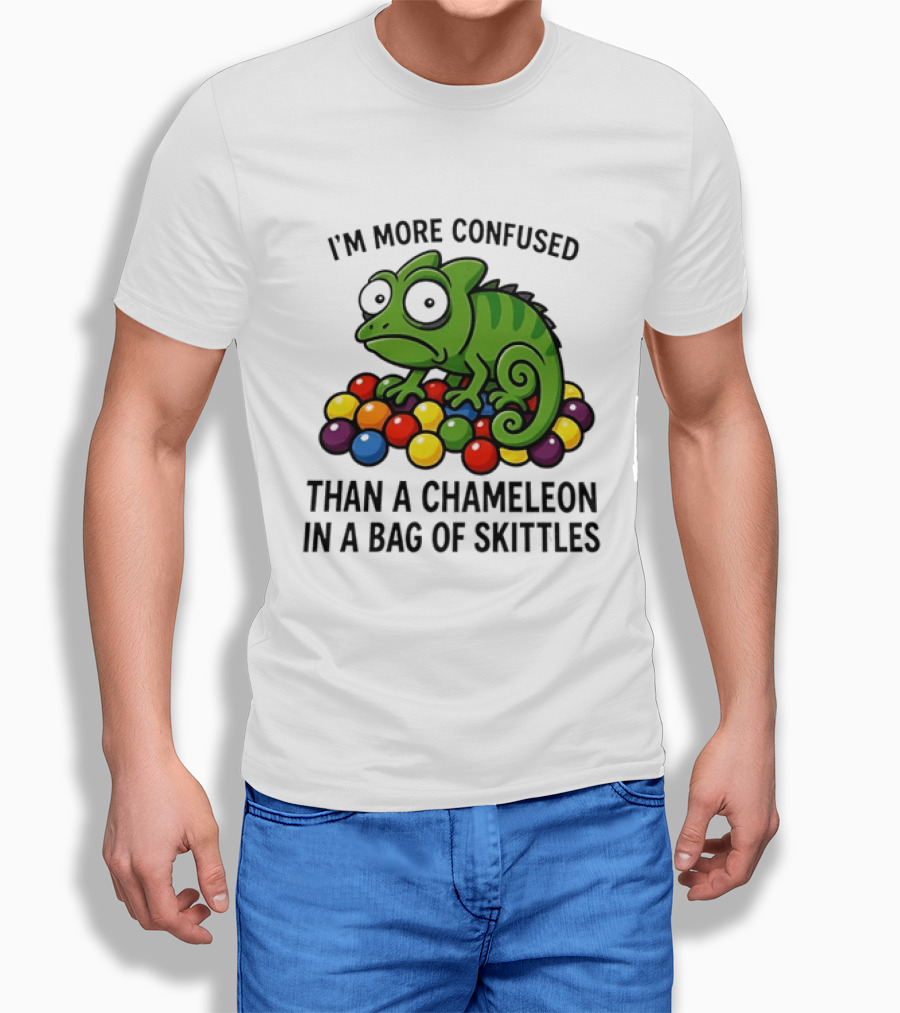 I'm More Confused Than A Chameleon In A Bag Of Skittles Colorful Chameleon And Candy Humor T-Shirt