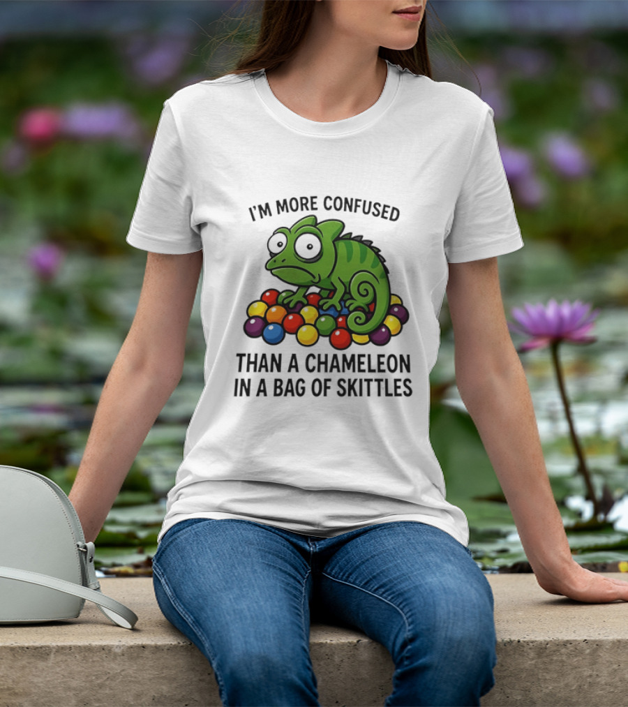 I'm More Confused Than A Chameleon In A Bag Of Skittles Colorful Chameleon And Candy Humor T-Shirt