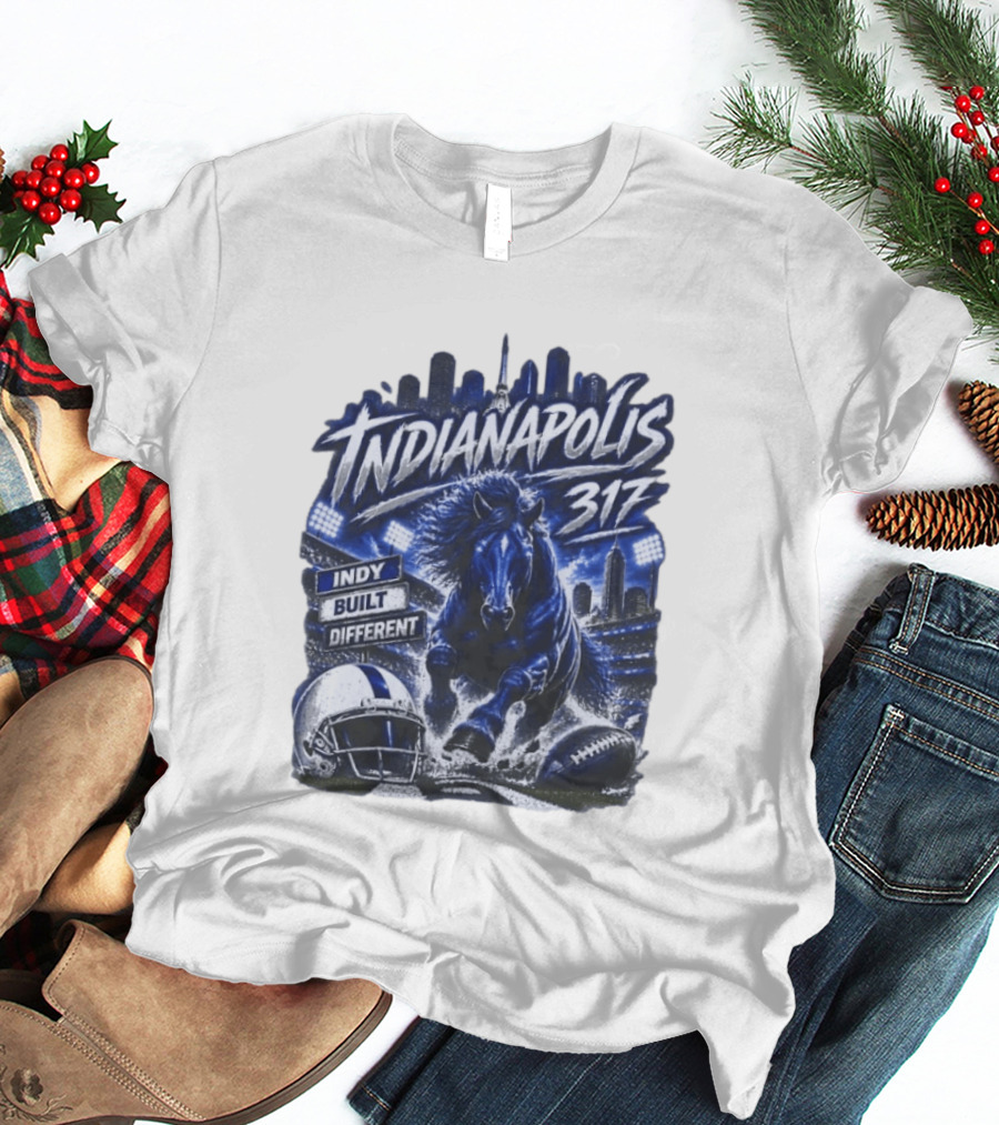 Indianapolis Colts 317 Indy Built Different Football Horse Helmet Skyline T-Shirt