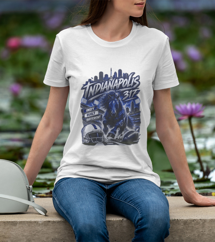 Indianapolis Colts 317 Indy Built Different Football Horse Helmet Skyline T-Shirt
