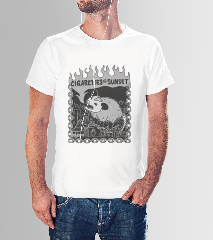 Cigarettes At Sunset OG Possum In Fiery Cityscape With Chains T-Shirt