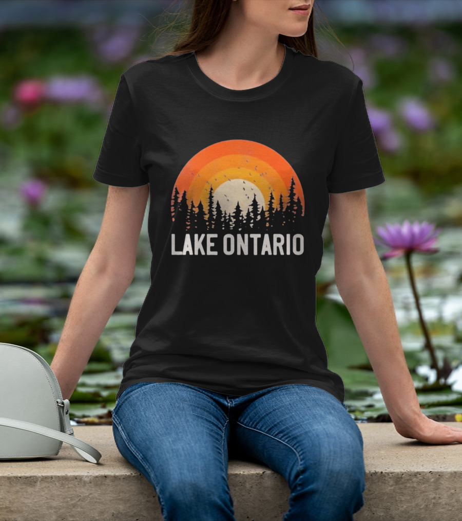 Lake Ontario Sunset Forest Birds Nature Scene With Orange Yellow Gradient T-Shirt
