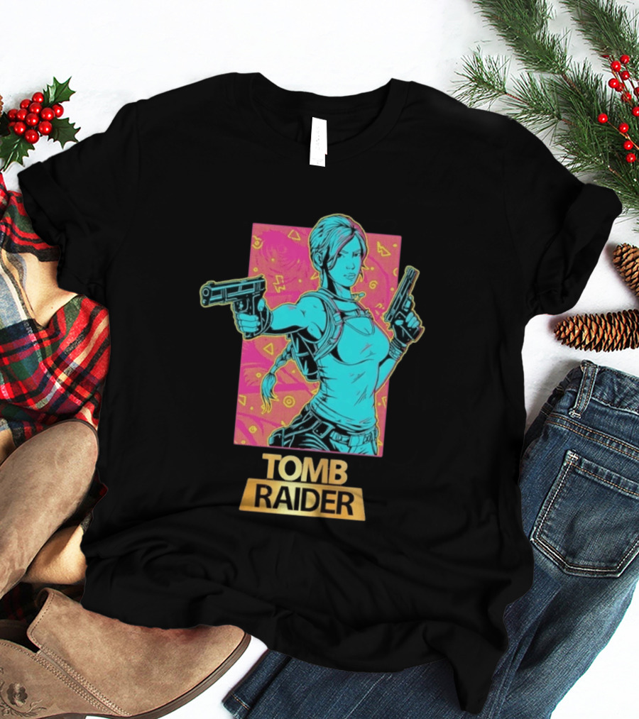Tomb Raider Lara Croft Neon Halftone Dual Pistols T-Shirt