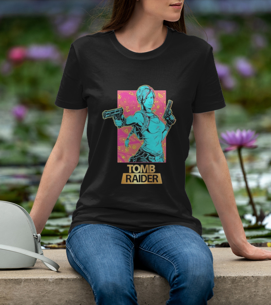 Tomb Raider Lara Croft Neon Halftone Dual Pistols T-Shirt
