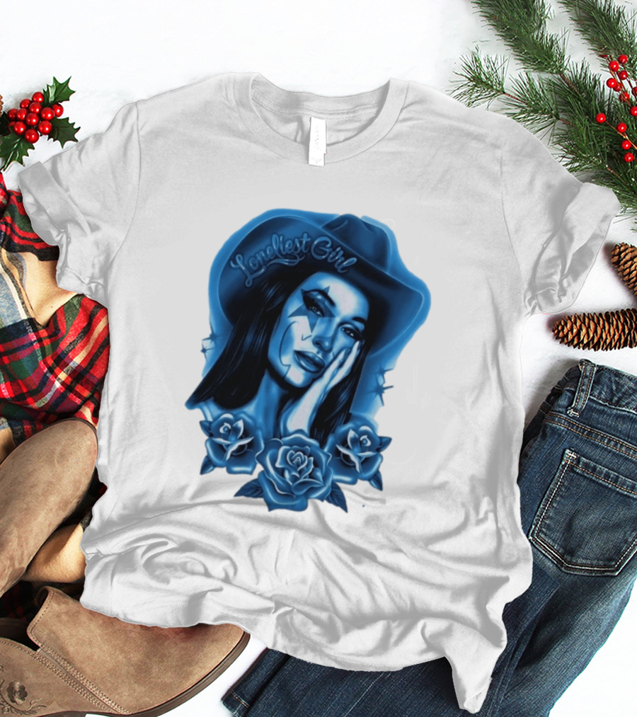 Loneliest Girl Airbrush Cowgirl In Blue With Roses T-Shirt