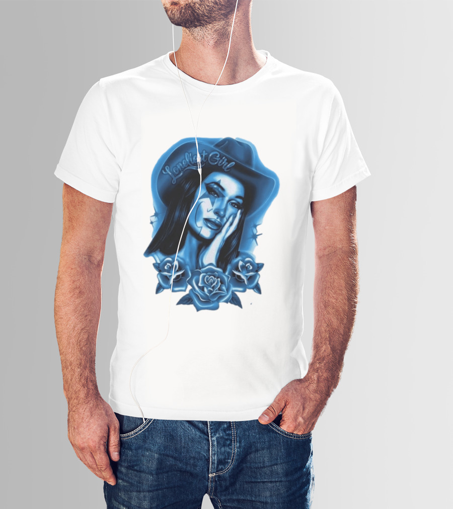 Loneliest Girl Airbrush Cowgirl In Blue With Roses T-Shirt