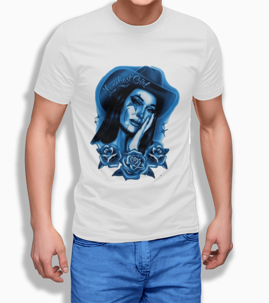 Loneliest Girl Airbrush Cowgirl In Blue With Roses T-Shirt