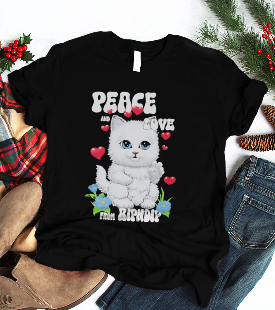Peace And Love Ripndip Cat Kitten Hearts And Flowers T-Shirt